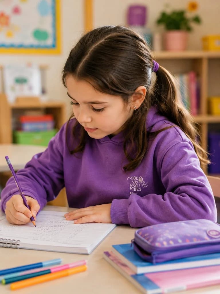 School-aged girl writing in a notebook at a classroom desk with books and markers nearby