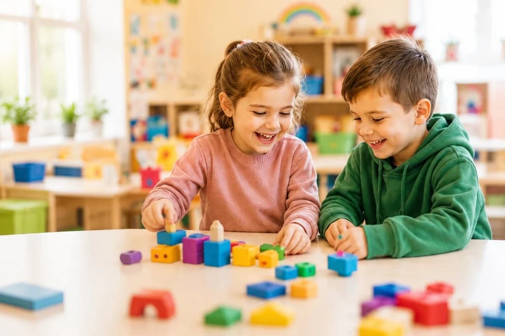 Children learning and playing with colourful blocks at Little Squirrels Childcare