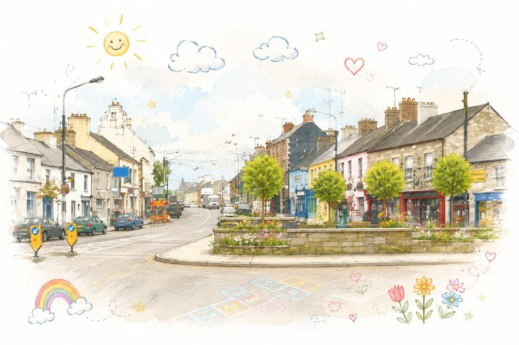 Watercolour illustration of Virginia, Co. Cavan main street with playful sun, clouds and hopscotch