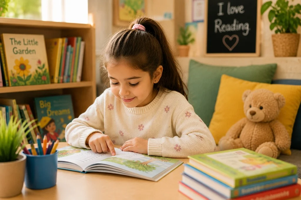 Educator reading quietly beside a child in warm afternoon light at Little Squirrels