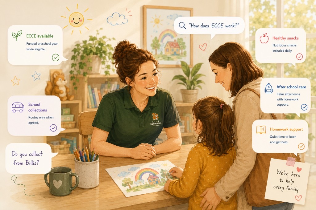 Illustration of a Little Squirrels team member welcoming a parent and child at a desk, with helpful notes about ECCE, school collections, snacks, and after school care