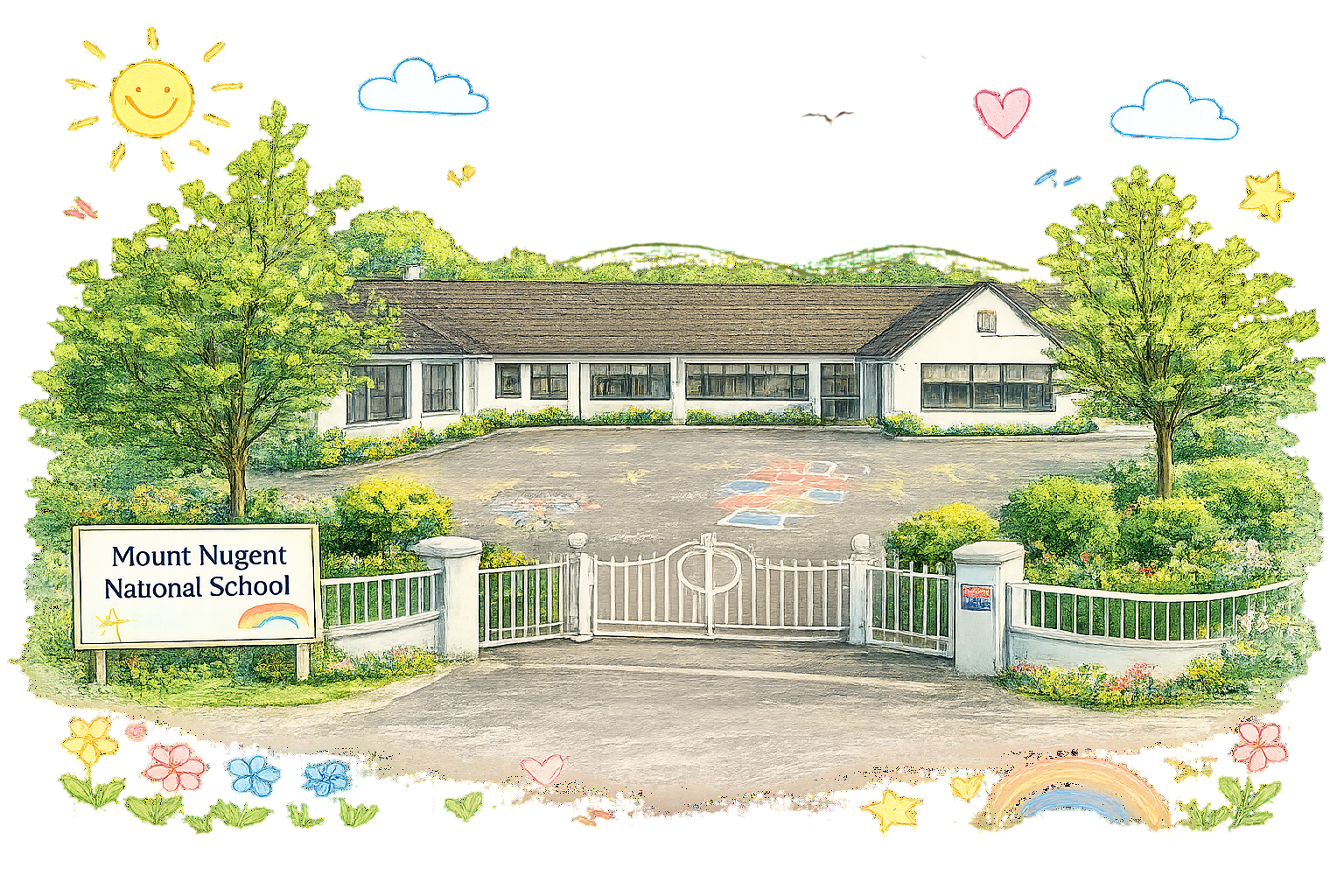 Illustration of Mount Nugent National School campus from above