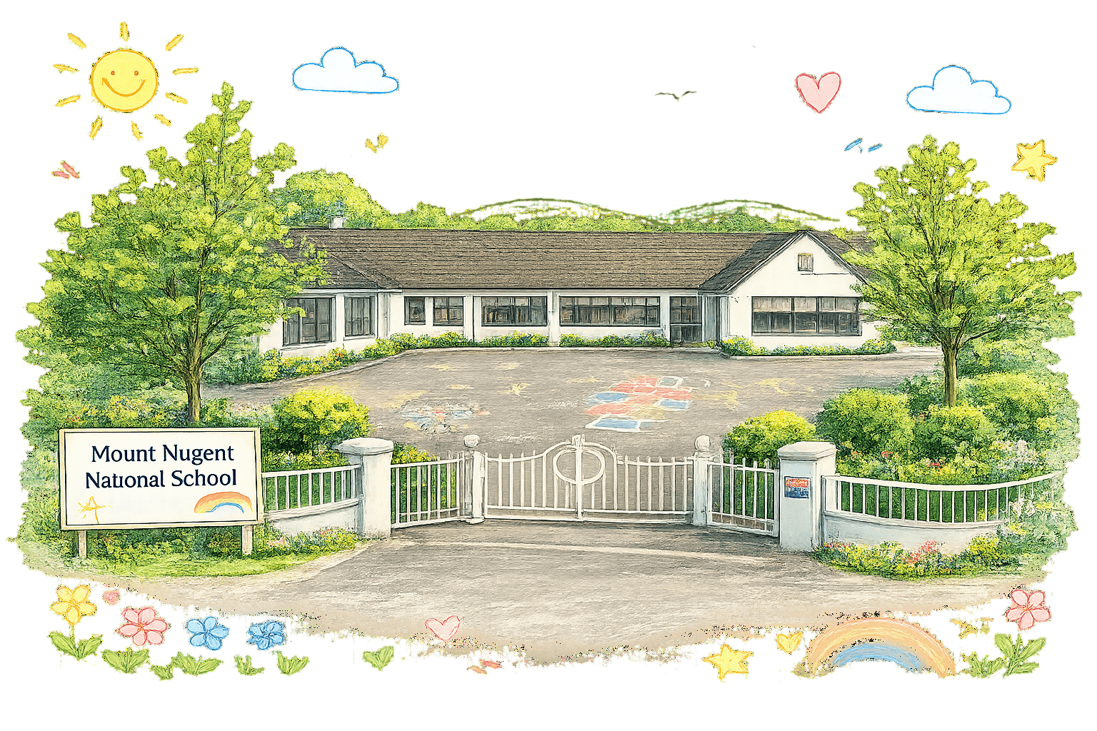 Illustration of Mount Nugent National School campus from above
